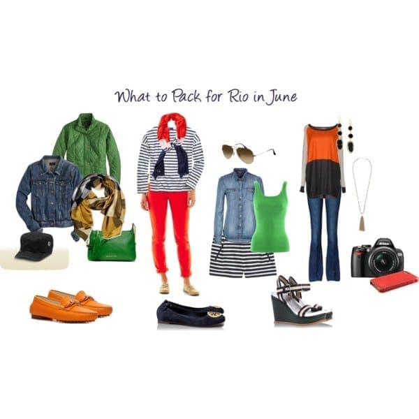 A collage titled "What to Pack for Rio in June" featuring various outfits and accessories. Includes jackets, scarves, hats, shoes, bags, sunglasses, dresses, tops, pants, and a camera. The items are laid out to suggest mix-and-match fashion options for those wondering what to pack to Rio.