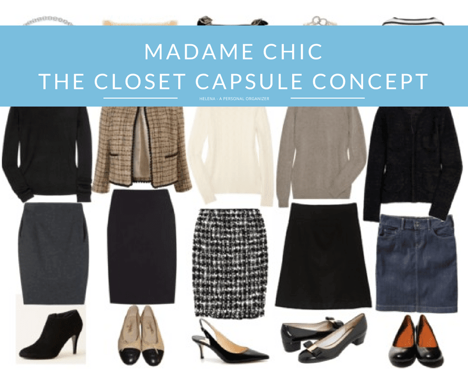 A collection of women's clothing and footwear is displayed under a banner reading "Madame Chic: The Closet Capsule Concept." Items include sweaters, blazers, skirts, high heels, flats, and a denim skirt. The color palette features neutrals like black, white, and beige. Discover closet organizing tips alongside these chic selections!