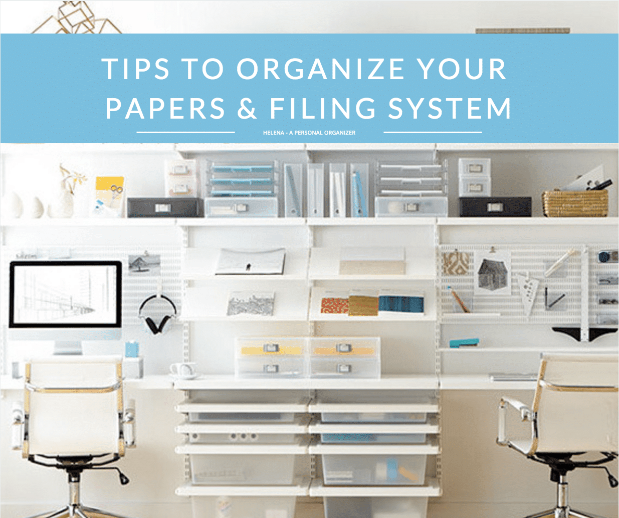 A neatly organized home office with two chairs facing a wall-mounted shelving and filing system. Various papers, folders, and office supplies are systematically arranged. A sign above reads, "Tips on Document Organization & Filing System.