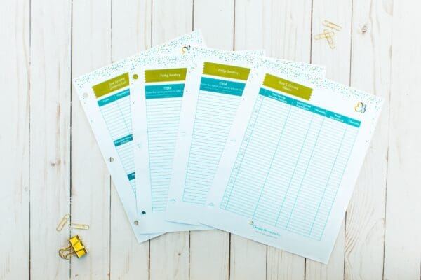 Four sheets of budget planning templates, perfect for organizing printable financial details, lie fanned out on a light wooden surface. Small paperclips and a yellow binder clip sit nearby. Each sheet features a place for itemized lists and headings for tracking expenses, savings, and other essentials.