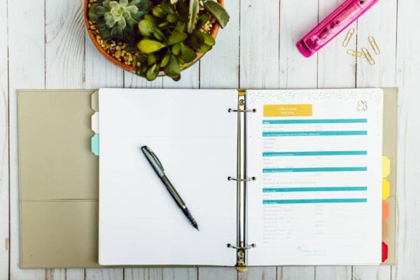 An open binder lies on a white wooden table, showcasing tabbed dividers and a page with teal and yellow sections. A pen rests on a blank sheet of organizing printable. Nearby are a pink ruler, paper clips, and a potted succulent plant.