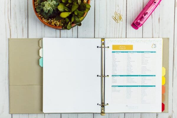 An open binder with a planner insert lies on a wooden surface. The binder has dividers with colored tabs. A plant, a few paper clips, and a pink three-hole punch are placed nearby. The planner includes a list of items and appears to be both a wedding and packing checklist.