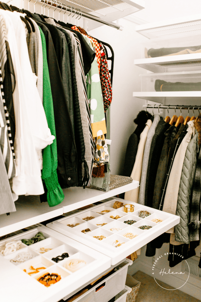 organized master closet with the Elfa closet system by the Container Store
