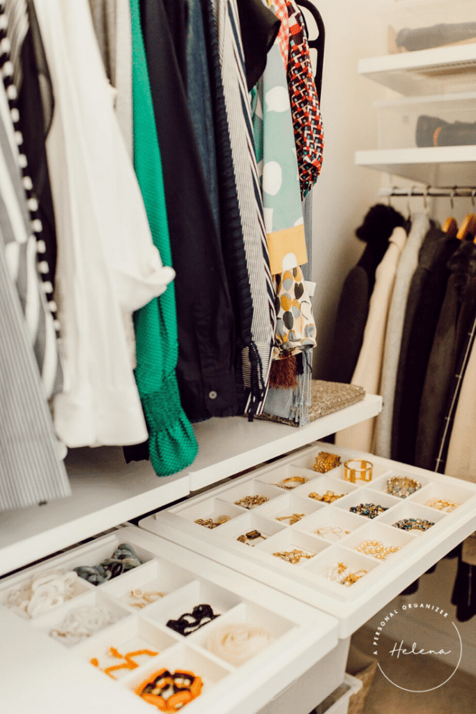 organized master closet with the Elfa closet system by the Container Store