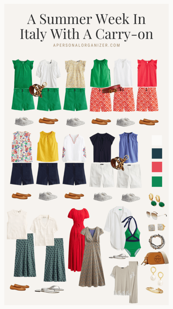 Stylish and coordinated outfit ideas for a week in Rome, featuring a variety of tops, shorts, and accessories, all perfectly packed in a carry-on for a summer vacation.