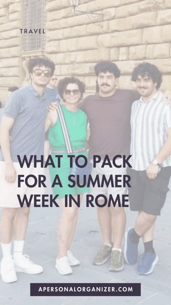 A family standing in front of historic Roman architecture, dressed in casual summer attire, illustrating what to wear for comfort while sightseeing in Rome.