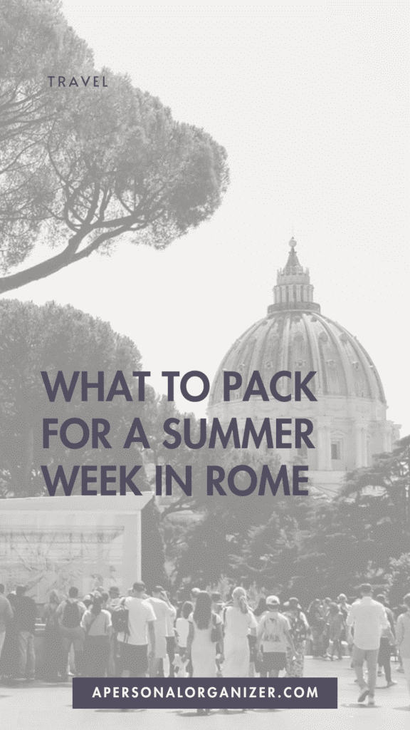 A distant view of St. Peter's Basilica with tourists gathering in the foreground, showcasing the bustling summer atmosphere in Rome and the need for sun protection