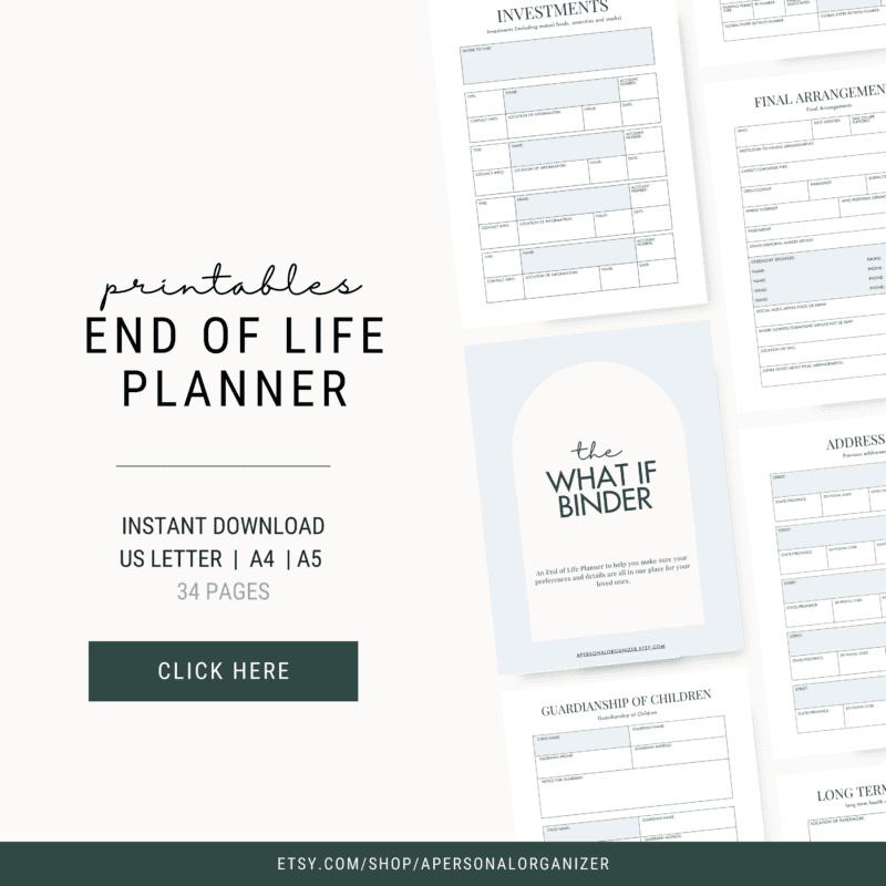 A promotional image for an "End of Life Planner" printables set, featuring a "What If Binder" cover and sample pages on investments, final arrangements, and more. Includes options for US Letter, A4, and A5 sizes. A "Click Here" button is visible.