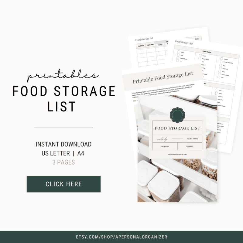 A promotional image for printables featuring a food storage list. It shows three pages, including neatly organized food items in containers. Text reads "Instant Download, US Letter | A4, 3 Pages." A button below says "Click Here.