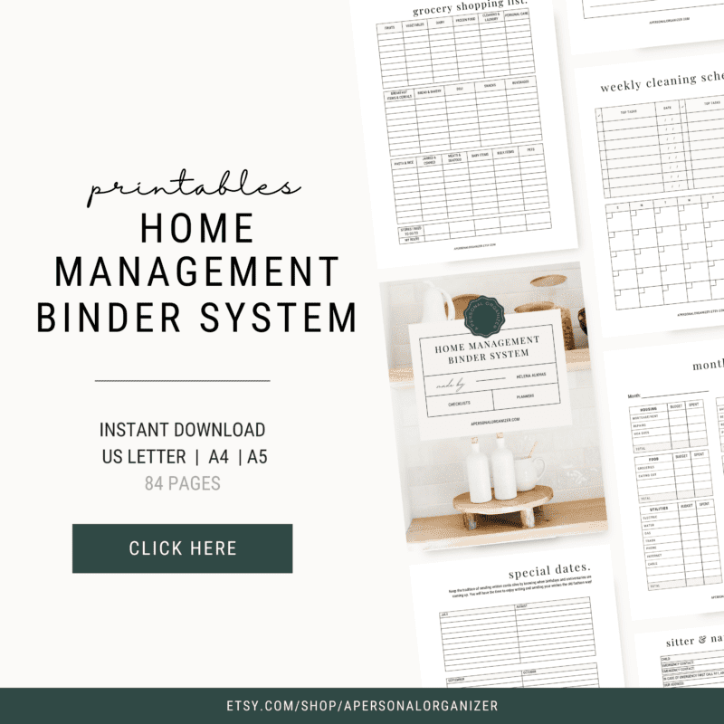 Image featuring a promotional flyer for a "Home Management Binder System." Includes previews of printable pages like a grocery list and cleaning schedule. Text highlights instant download options in US Letter, A4, A5, with a "Click Here" button.