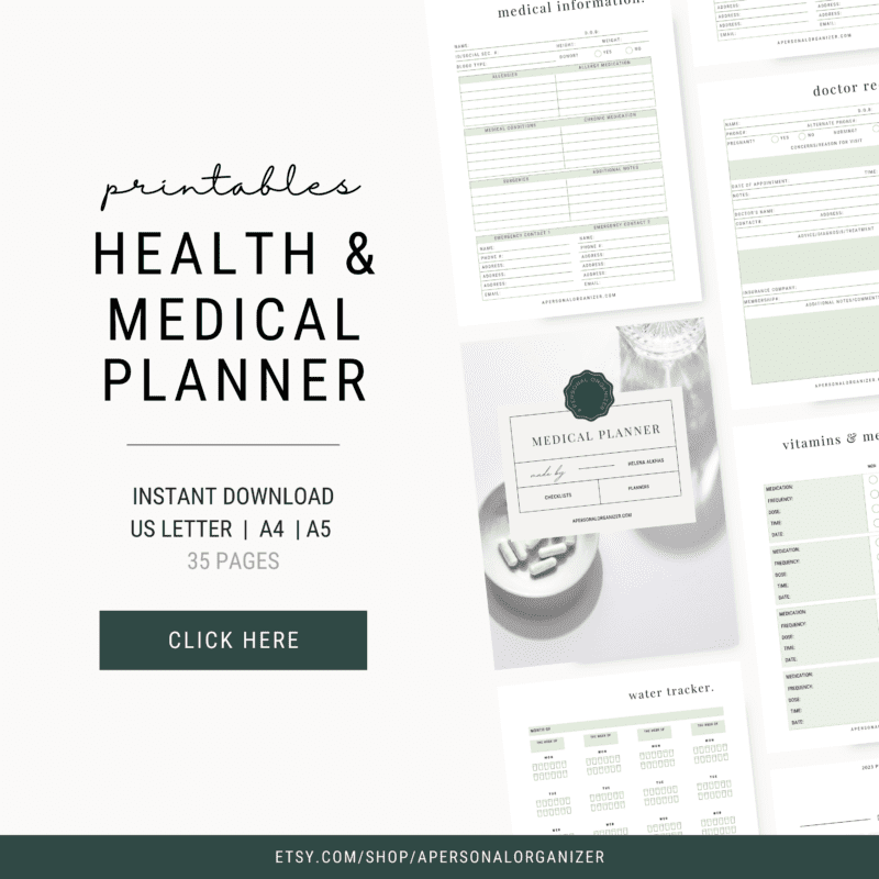 Image of a promotional graphic for a Medical Health Planner. It showcases page previews like medical information, doctor records, vitamins, and water tracker. Text reads: "Printables, 35 pages, instant download," with a "Click Here" button prominently displayed.