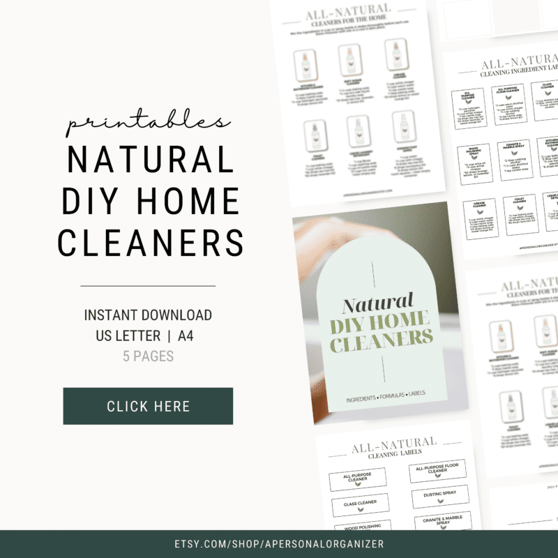 Advertisement for printable DIY natural home cleaning labels. Available for download in US Letter and A4 sizes, the set includes five pages of beautifully designed labels alongside easy cleaning recipes. Click "Here" to shop on Etsy and enhance your eco-friendly cleaning routine today!.