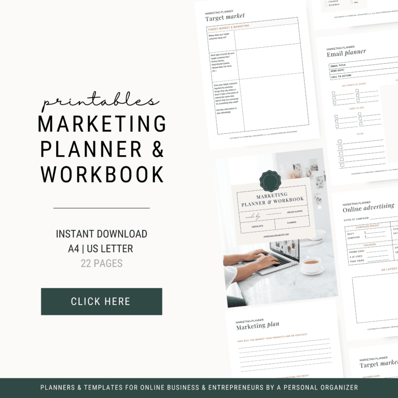 Image of a marketing planner and workbook promotional page. Features sample pages with sections like target market, SEO strategy, and email planner. Text reads "Printables Marketing Planner & Workbook" and "Instant Download, A4 | US Letter, 22 pages." Button says "Click Here.