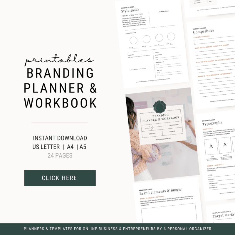 An image showcasing a promotional flyer for a "Branding Planner & Workbook" available for instant download in US Letter, A4, and A5. This comprehensive planner covers style guides, typography, brand elements, and target markets. A prominent "Click Here" button invites action.