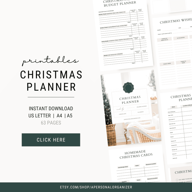 Get festive and organized with our 63-page Christmas planner printable! Instantly download in US Letter, A4, or A5 sizes. The image showcases planner pages, including a Christmas budget planner and wishlist. Click here to streamline your holiday season!.