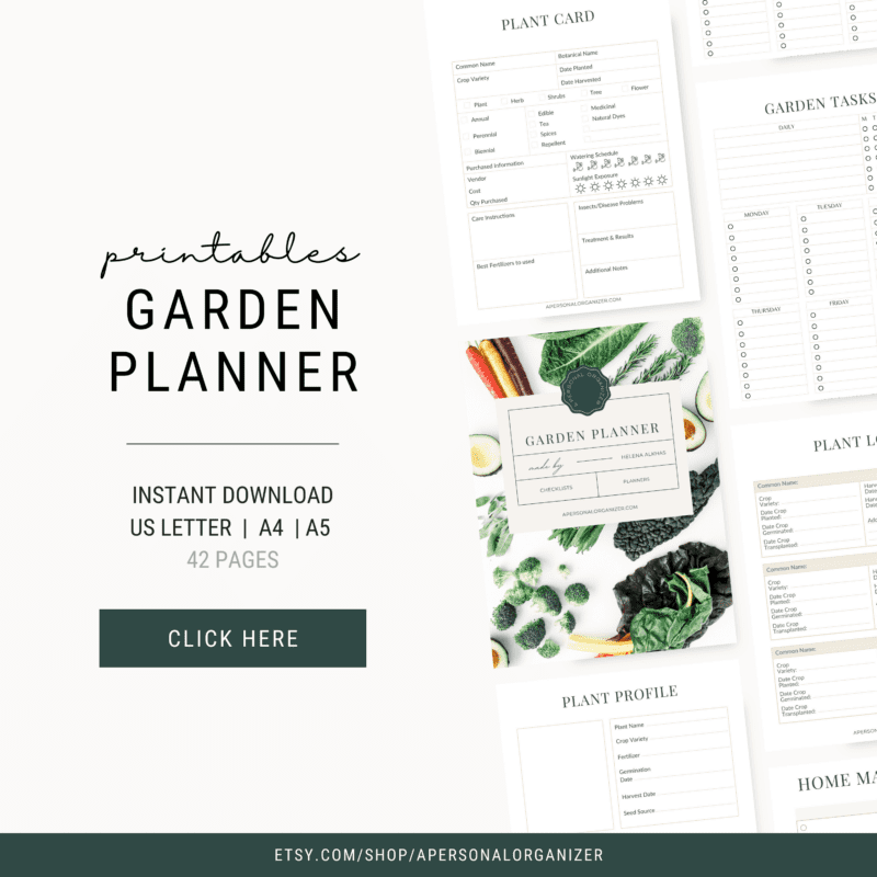 Image of a Garden Planner advertisement featuring printables. Includes plant cards, garden tasks, plant profiles, and home master sections. Visuals of leafy greens and vegetables. Text: "Garden Planner Printables, 42 Pages. Instant download.