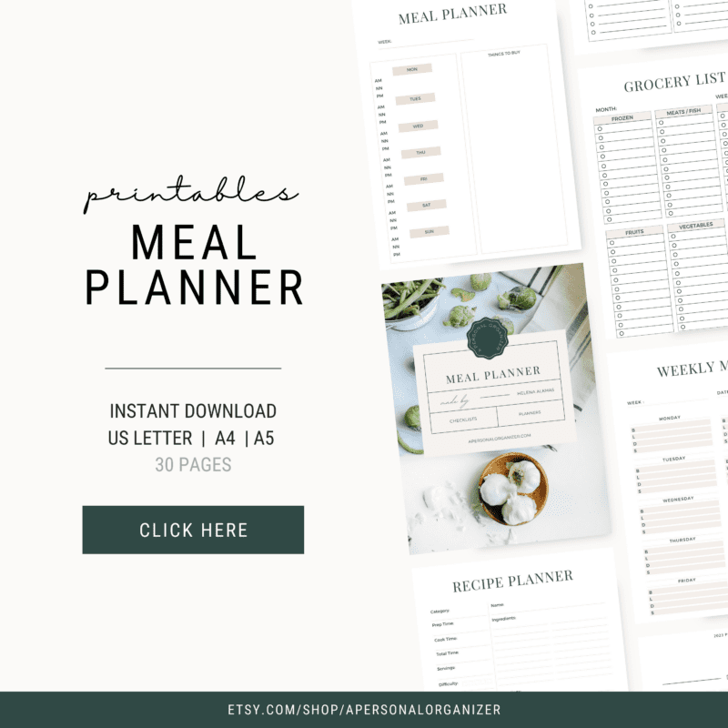 Image showing a meal planner set available for instant download, including pages for meal planning, grocery list, and recipes in US Letter, A4, and A5 sizes. A promo photo with food items is included. Button text: "CLICK HERE.