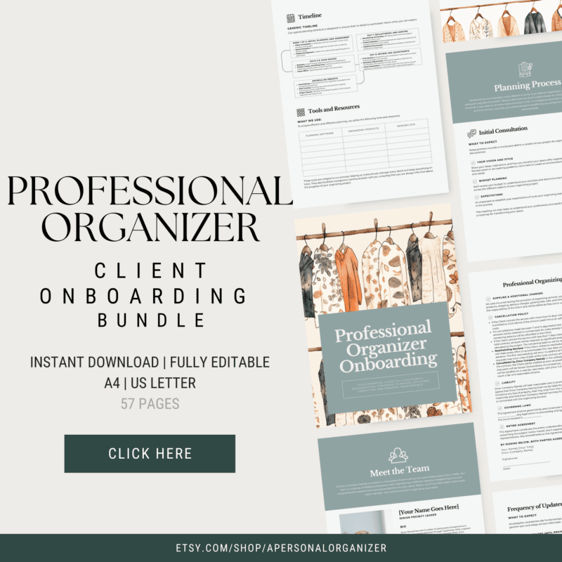 Advertisement for a Professional Organizer Client Onboarding Bundle. This 57-page collection of editable forms and templates covers everything from the "Planning Process" to "Meet the Team." Enjoy instant download in A4 and US Letter sizes for seamless client management.