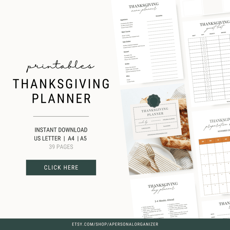 A promotional image for a Thanksgiving planner featuring printables. It includes a shopping list, meal planner, calendar, and other organizational tools with a minimal design. Text highlights the Thanksgiving planner's availability for instant download in various formats.