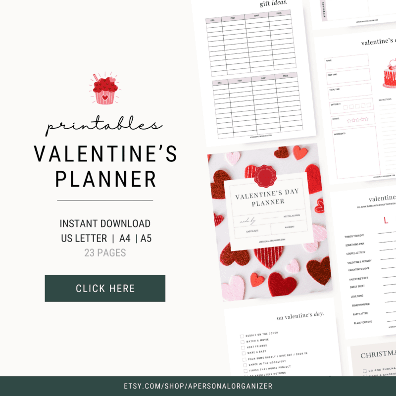 Valentine's printables advertisement featuring a preview of pages, including gift ideas and planners with romantic hearts and pink tones. Includes note of 23 pages and a clickable area for instant download. Perfect for organizing your Valentine's celebrations in style!.