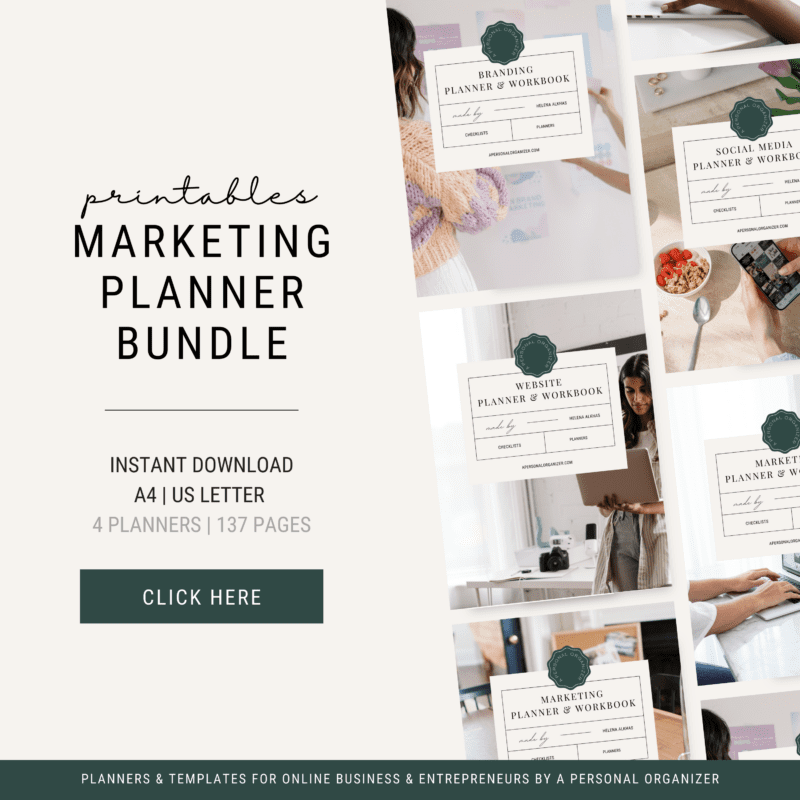 A marketing planner bundle advertisement showing images of planners used by people. The text includes details like "printables," "A4 | US Letter," "4 planners | 137 pages," and a "Click Here" button. Photos depict various planners for branding, social media, and websites.