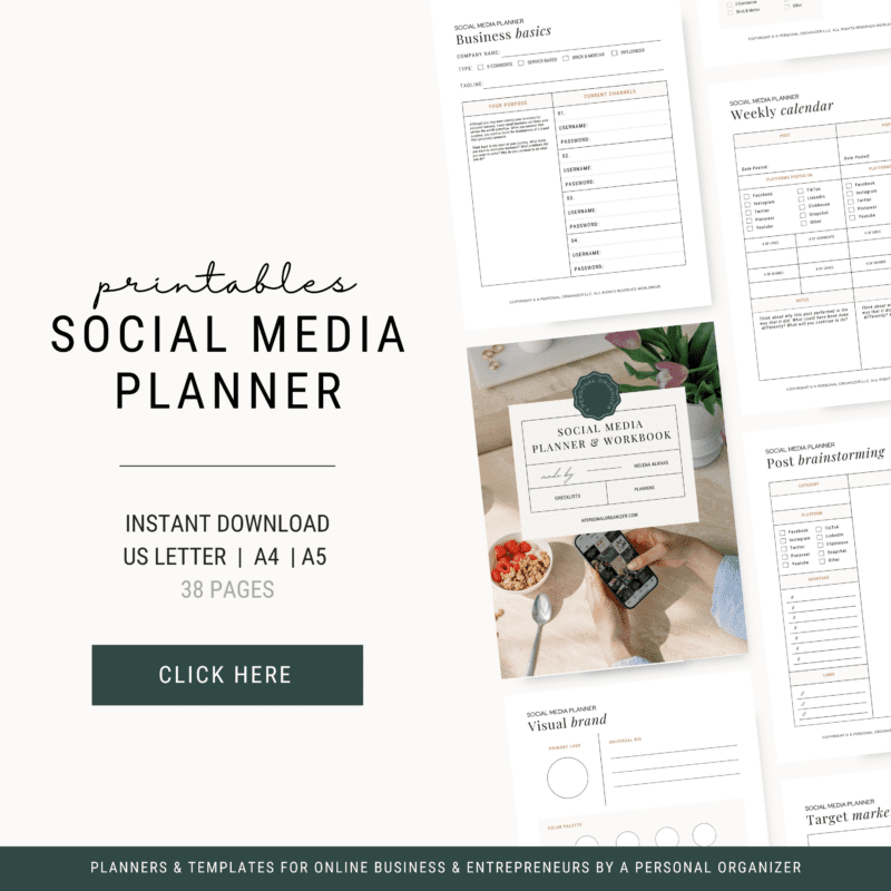 Graphic showcasing a "Social Media Planner" printables set with 38 pages. Includes planner sections like business basics, target market, and visual brand. Features a "Click Here" button for instant download options in US Letter, A4, and A5 sizes.