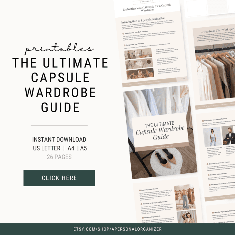 Promotional image for "The Ultimate Capsule Wardrobe Guide" printables. Features preview images of pages, including capsule wardrobe tips and fashion photos. Text mentions instant download and page formats: US Letter, A4, and A5.