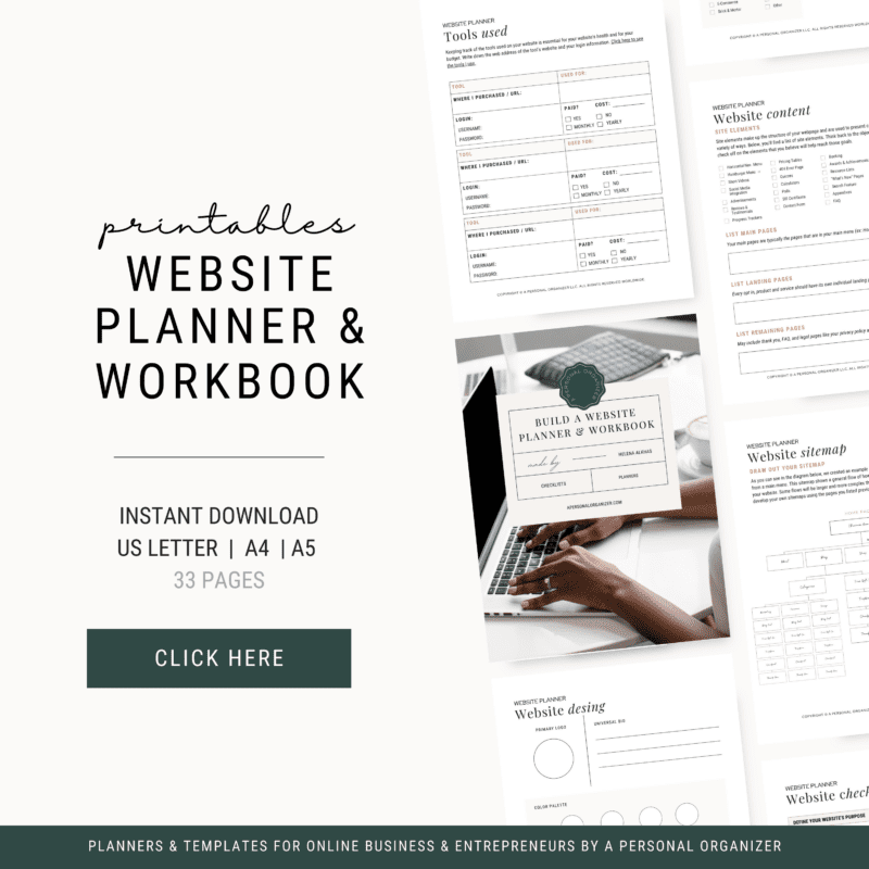 A promotional image for a 33-page "Website Planner And Workbook" showcases multiple page previews, highlighting tools used, website content, and sitemap layouts. The text reads "Instant Download, US Letter | A4 | A5," with a prominent "Click Here" button inviting action.