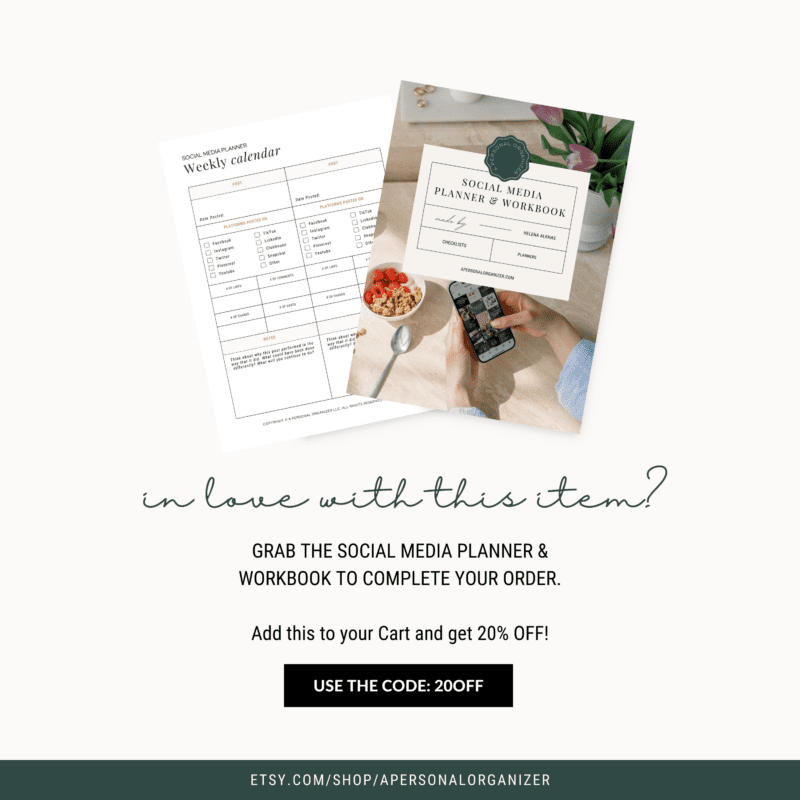 Image of a social media planner ad featuring a weekly calendar and planner workbook. A person holds a phone over a table, highlighting the power of personal branding. Text offers a 20% discount with code 20OFF and provides a URL to an Etsy shop.