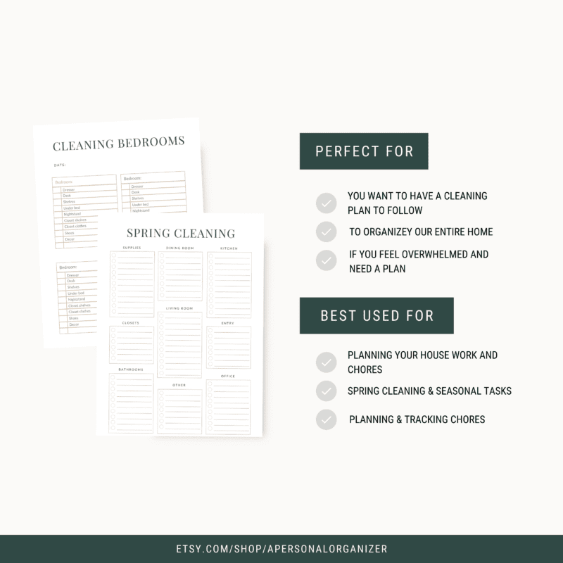 Two cleaning checklists titled "Cleaning Bedrooms" and "Spring Cleaning" showcase their uses. The right side emphasizes planning housework, decluttering, and organizing the home. Bottom text links to an Etsy shop for more.