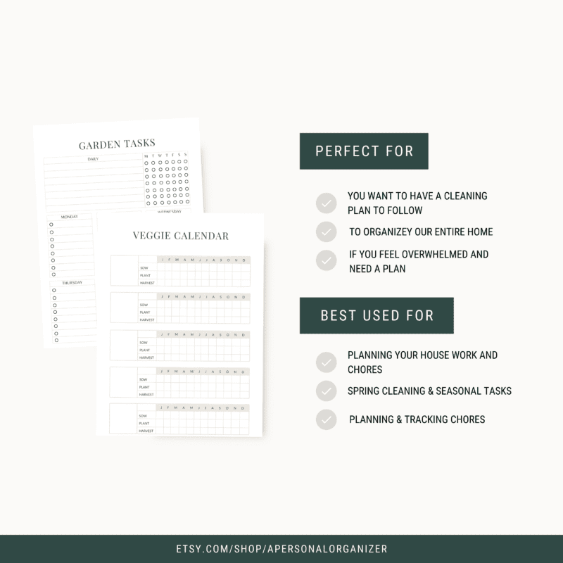 Two sheets titled "Garden Planner" and "Veggie Calendar" with checkboxes and grids are displayed. Text reads: "Perfect for... Best used for..." followed by bullet points about planning and organizing chores. Optimize your gardening with these tools. Etsy shop link at the bottom.