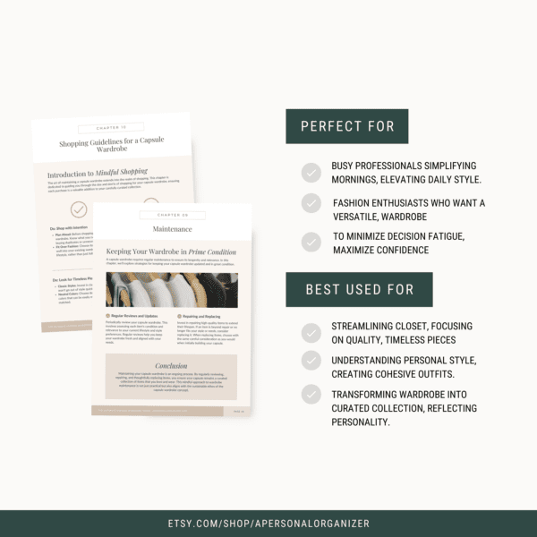 Image showing a digital product listing for a guide on capsule wardrobes. It highlights benefits such as simplifying mornings and streamlining closets, with sections on mindful shopping and wardrobe maintenance. Etsy link at the bottom.