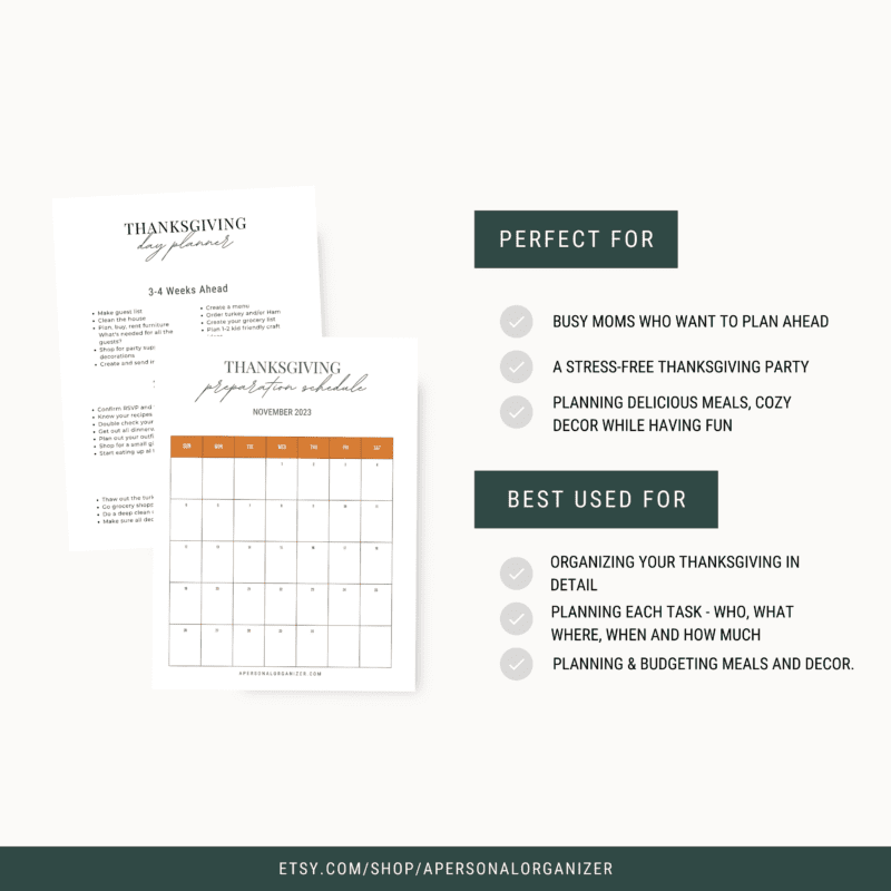 Image of a Thanksgiving planner with two pages. The first page, "Thanksgiving Checklist," lists tasks, while the second features a planning calendar. Ideal for busy moms: this planner ensures stress-free preparation, fun, and seamless meal and decor planning.