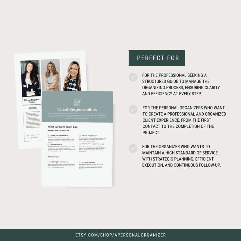 A promotional image showcasing "Client Responsibilities" documents, essential for professional organizers. It underscores benefits for those seeking structured processes, clarity, and efficiency. Professional organizer forms are featured as key tools. Visit the website linked below for more details.