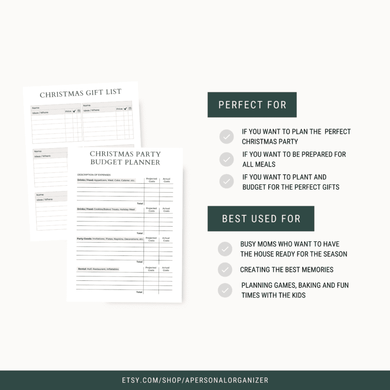 The image showcases a Christmas planner, perfect for organizing a gift list and party budget on the left. On the right, it highlights its role in party preparation, meal planning, and gift organization—ideal for busy moms and festive family fun.