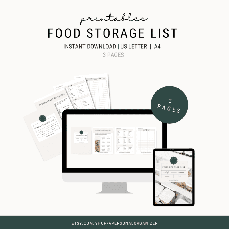 A promotional image for a printable food storage list. It shows a computer, tablet, and printed sheets displaying the list. Text highlights "Instant Download | US Letter | A4 | 3 Pages." Website link: etsy.com/shop/apersonalorganizer.