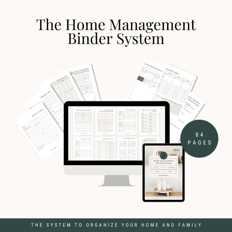 A graphic showcasing "The Home Management Binder System." It includes a computer screen and tablet displaying organizational templates, with loose page examples floating around them. A circular label indicates the system has 84 pages.