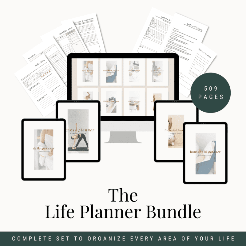 The image showcases a promotional layout for "The Life Planner Bundle." It features digital images of the life planner on devices, with categories like daily, fitness, and financial. Text emphasizes 509 pages dedicated to organizing your life seamlessly.