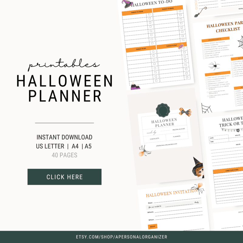 Get organized with our Halloween planner printables set! Featuring a to-do list, checklist, invitation template, and trick or treat organizer, each adorned with spooky graphics like bats, spiders, and a witch hat. Click here for more hauntingly helpful details.