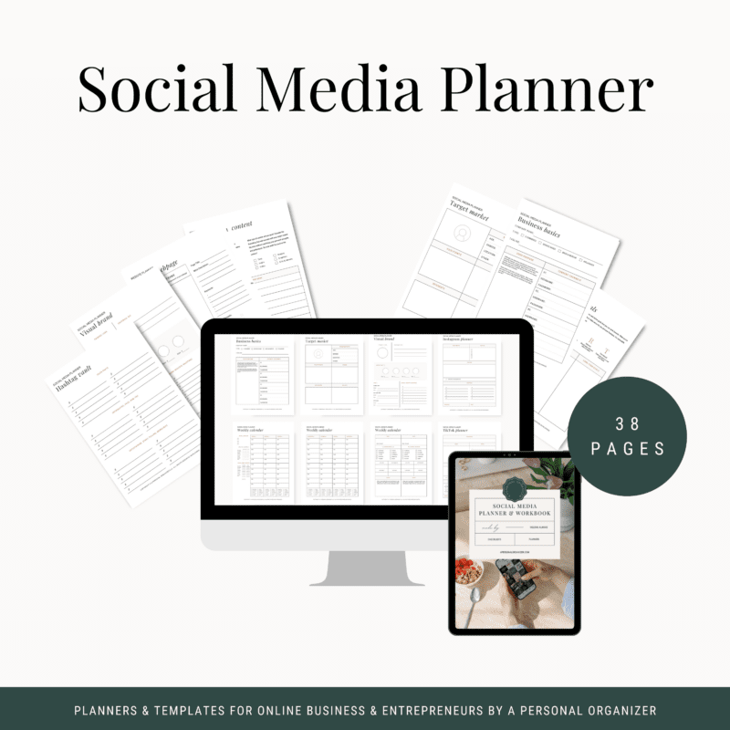 Image of a Social Media planner set. Includes printed planner pages displayed above a computer monitor and a tablet. The monitor and tablet showcase planner designs. Text reads "Social Media Planner," with "38 pages" on a green circle, perfect for streamlining your planning needs.