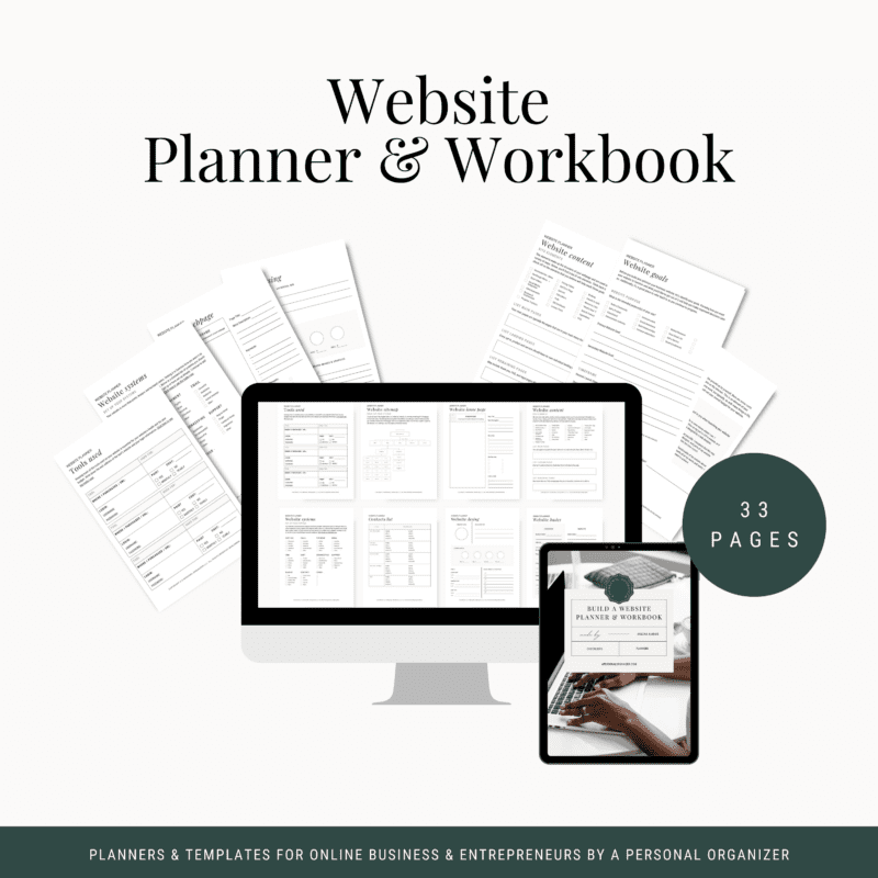 A promotional image for the "Website Planner and Workbook" displays documents behind a computer monitor and tablet. The text highlights "33 pages," featuring planners and templates designed for online businesses and entrepreneurs by a personal organizer.