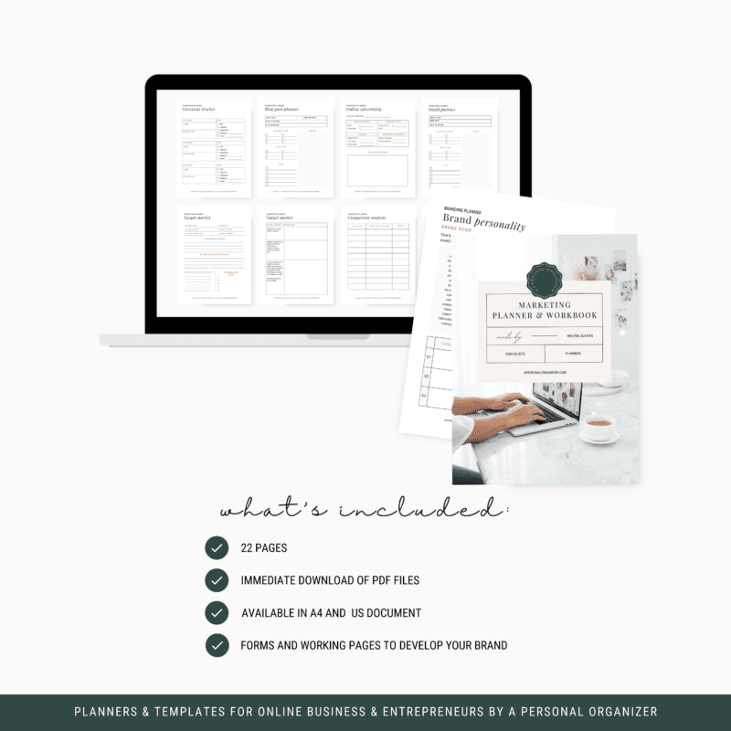 A marketing and content planner workbook page is displayed on a laptop screen. Visible text includes "What's Included" followed by a checklist: 22 pages, immediate PDF download, available in A4 and US formats, with forms for brand development.