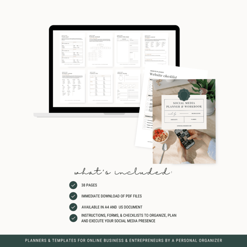 A laptop showing planner templates, with printed pages and a smartphone beside it, highlights the importance of social media planning. Text reads: "what's included: 38 pages, immediate PDF download, available in A4 and US formats.