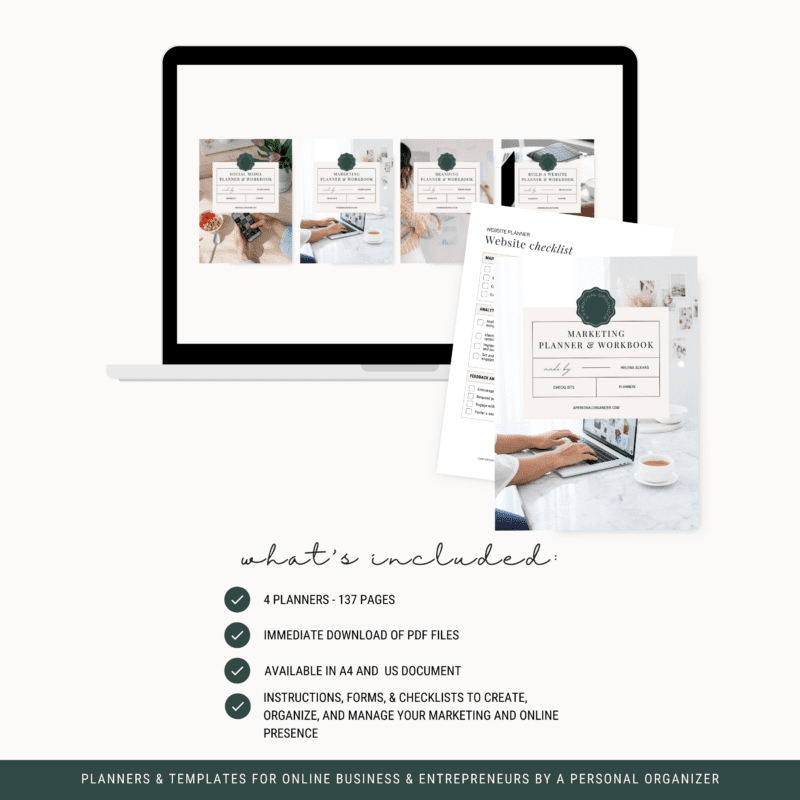 A laptop screen displays planner pages thumbnails. Nearby are printed planner pages. Text reads: "What's included: 4 planners, 137 pages, immediate PDF download, available in A4 and US Letter, instructions, forms, & checklists.