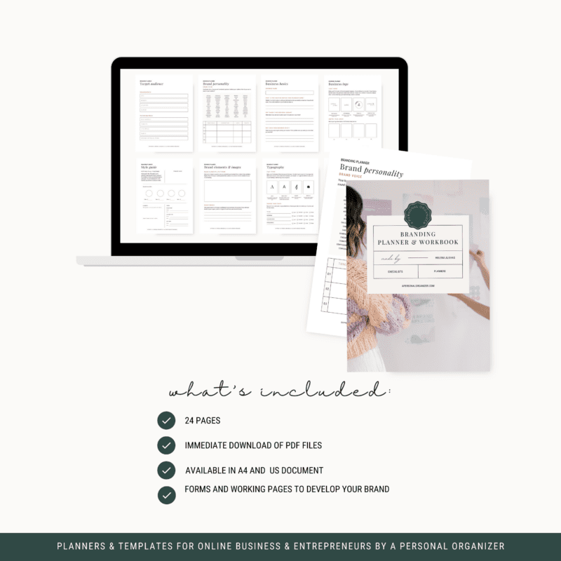 An image showcases a laptop screen featuring a planner template. Below lie pages from the "Branding Planner & Workbook." The text highlights its features: 24 pages ready for immediate PDF download, available in A4 and US sizes, complete with forms and worksheets.