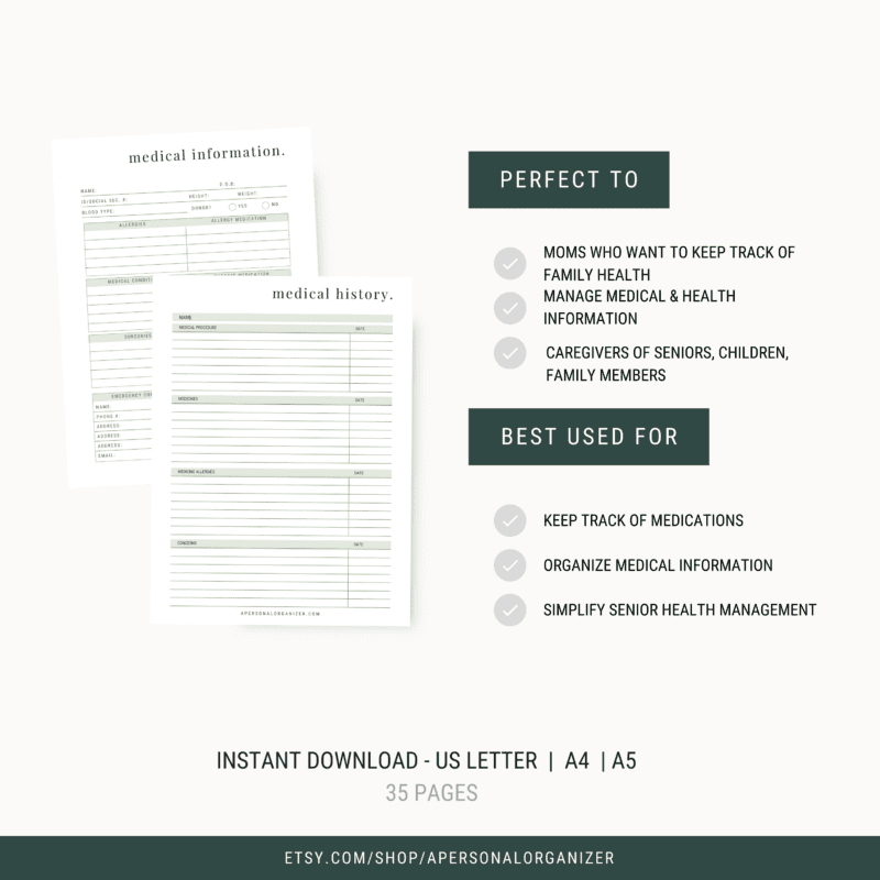 Image displays two medical information organizer sheets on the left. On the right, text highlights their use for managing medical info, medications, and senior health with a comprehensive medical health planner. Suitable for moms, caregivers, and family health management. Includes download info.