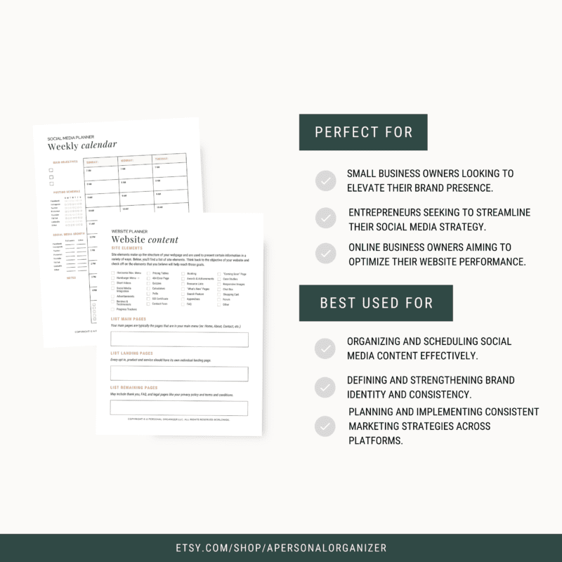 Image of two documents titled "Weekly Calendar" and "Website Content" alongside two lists. The first list, "Perfect For," mentions small business owners and entrepreneurs. The second list, "Best Used For," details organizing, defining brand identity, and strategy planning.