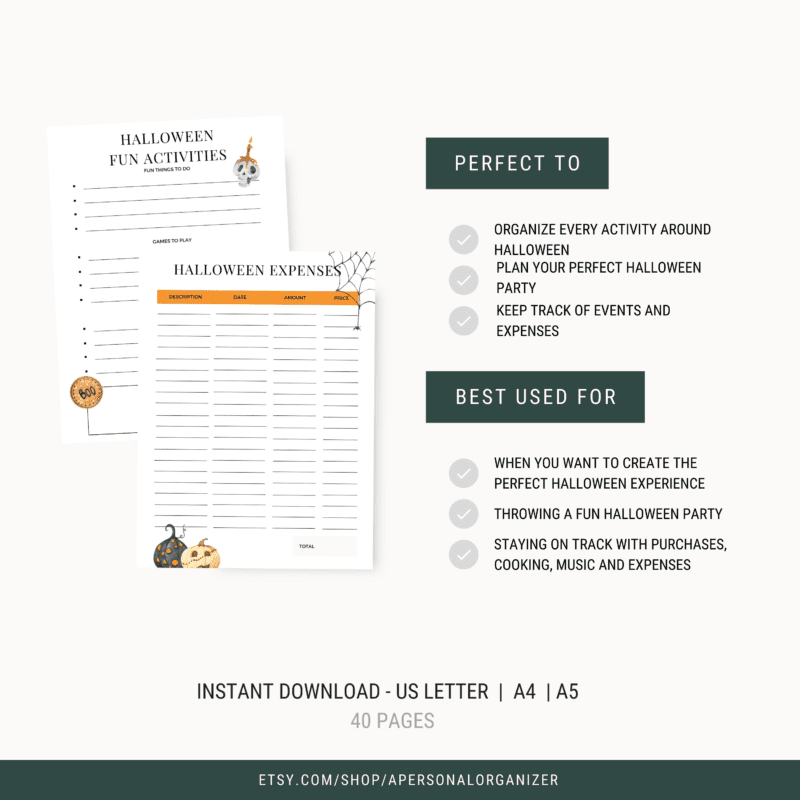 An image showcasing two printable sheets titled "Halloween Planner Activities" and "Halloween Expenses," adorned with Halloween-themed graphics. Text emphasizes their role in planning and organizing Halloween celebrations.