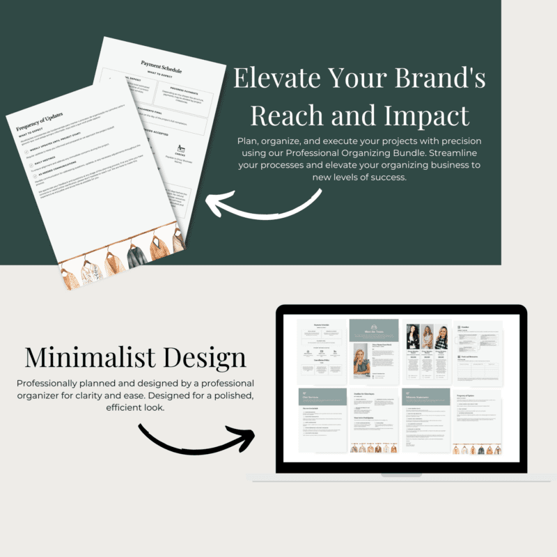 A document titled "Elevate Your Brand's Reach and Impact" features an upward arrow pointing to a laptop. The minimalist laptop screen showcases text about leveraging templates for professional organizing and achieving business success efficiently.