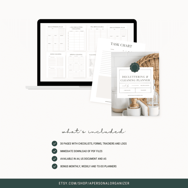 A digital cleaning and decluttering planner displayed on a laptop screen features 30 pages with printable cover. Enjoy an immediate PDF download in A4 & US formats, plus bonus monthly and weekly to-do planners for organized living.